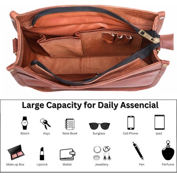 Genuine Leather Crossbody Purse Women Rustic Tan Medium Sized Bag with Zipper - Picture 2 of 7